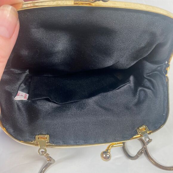 Vintage Handmade Black Velour Beaded Evening Bag Kiss Lock Purse Gold Chain - Picture 5 of 11